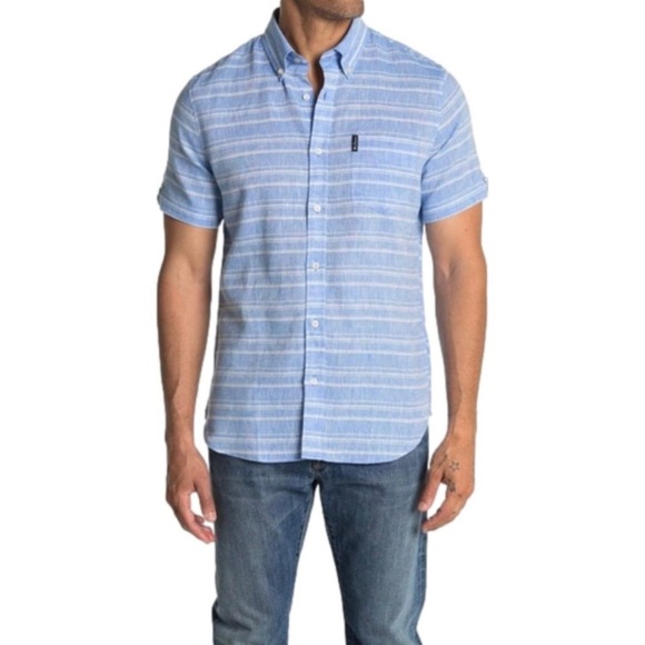 BEN SHERMAN Short Sleeve Stripe Print Linen Regular Fit Shirt, Blue/White, Small - Picture 1 of 5